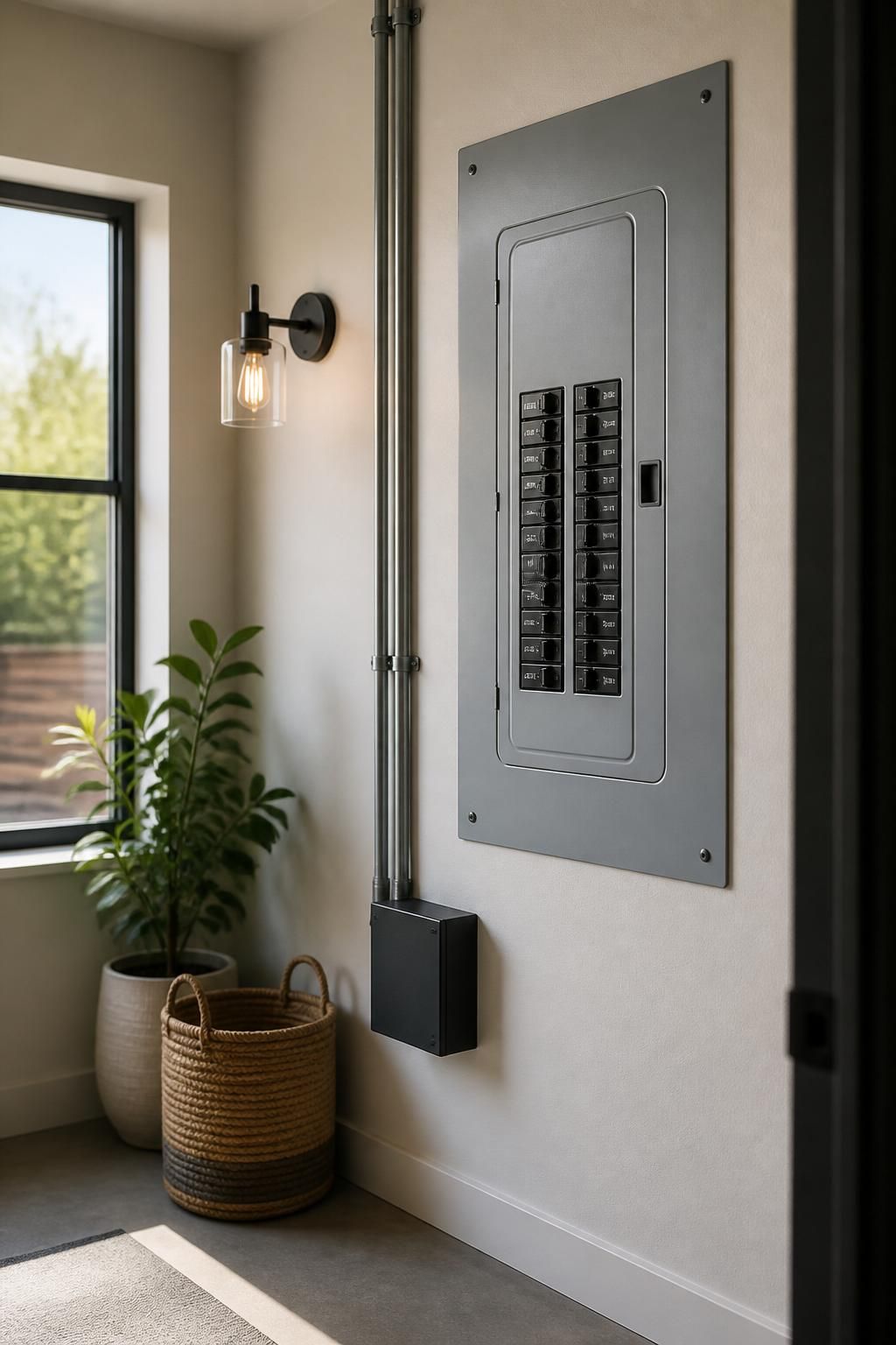 Modern electrical panel area with clean finished fixtures and soft light.