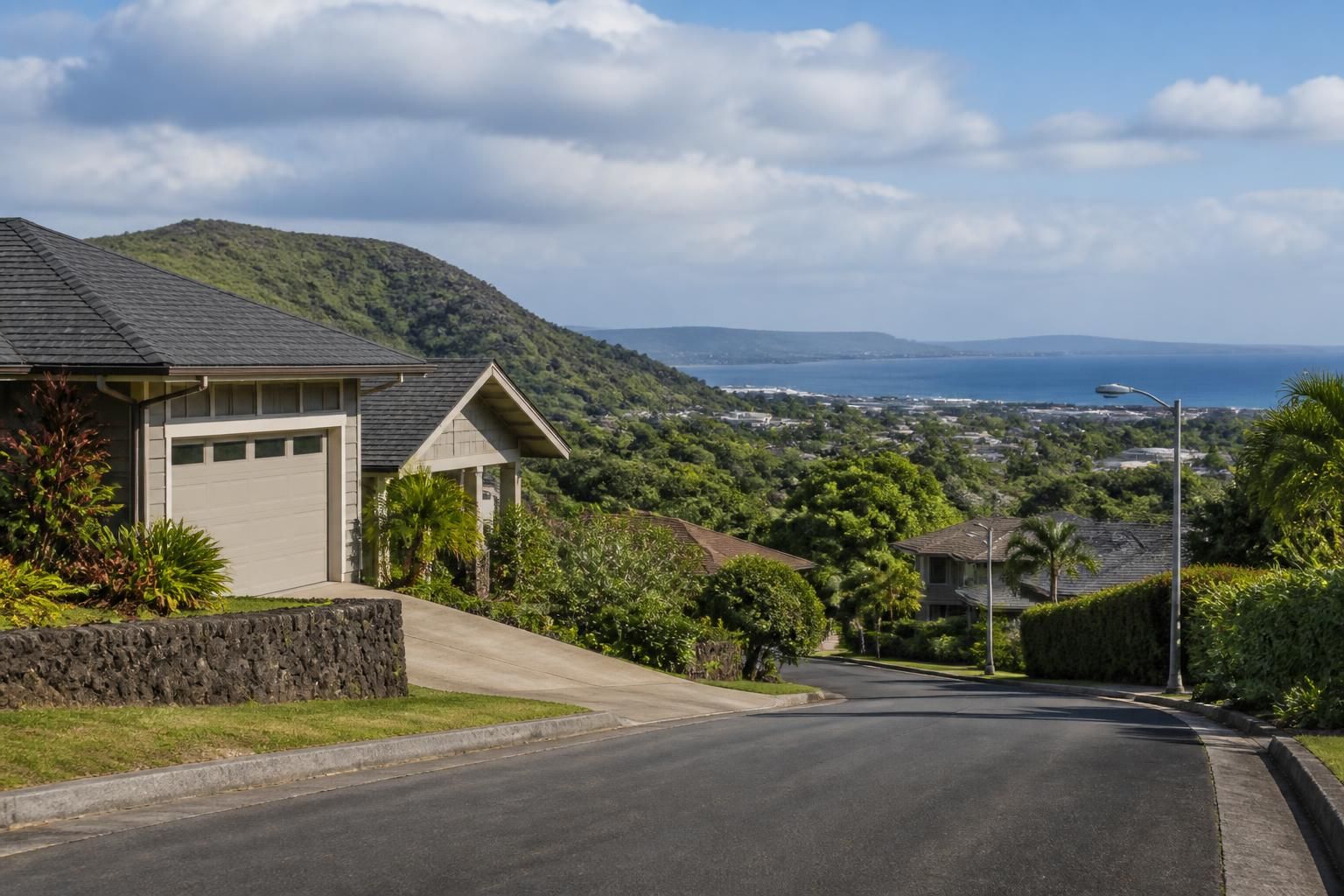 Aiea residential hillside with quiet streets and greenery.