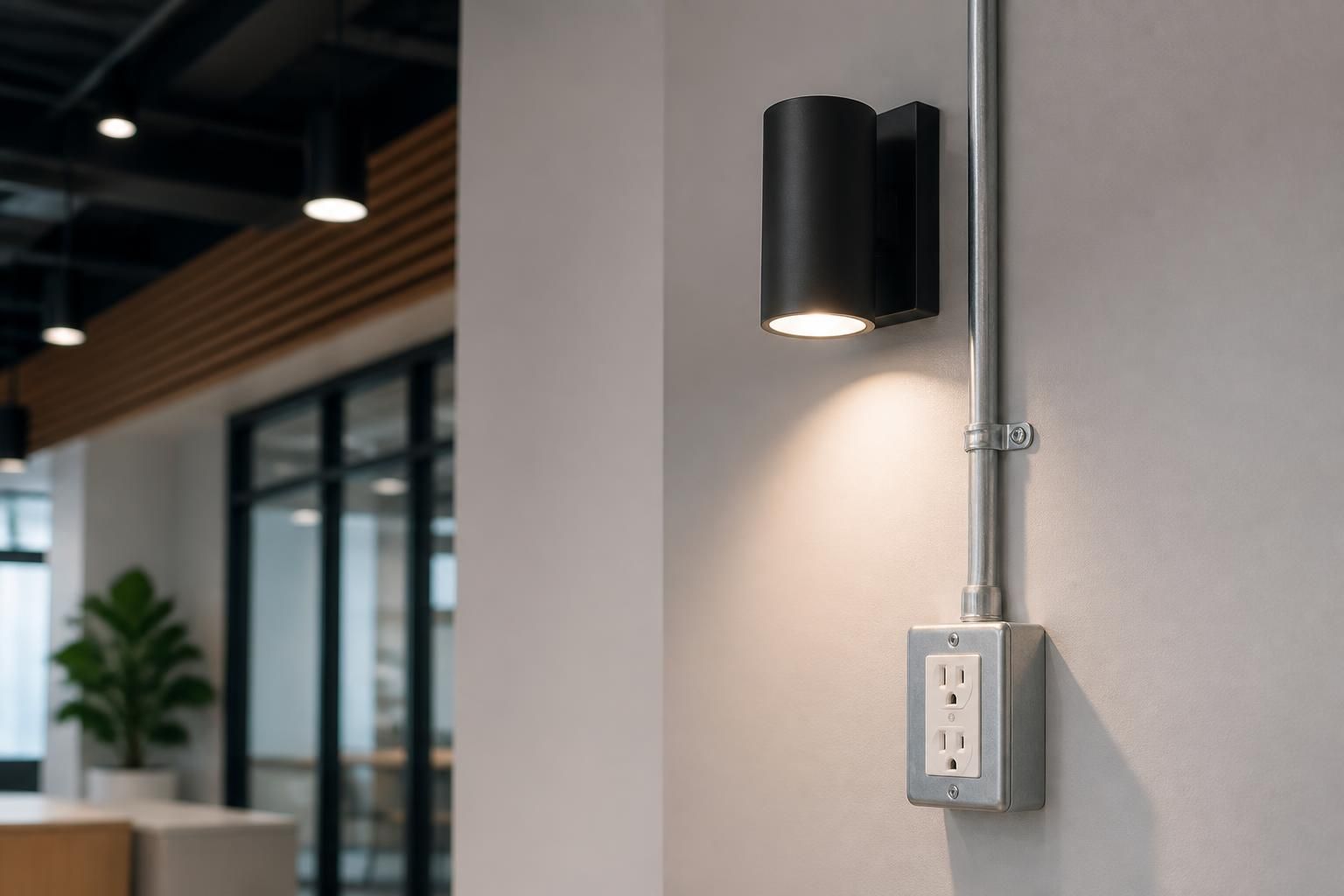 Modern commercial interior with finished electrical lighting.