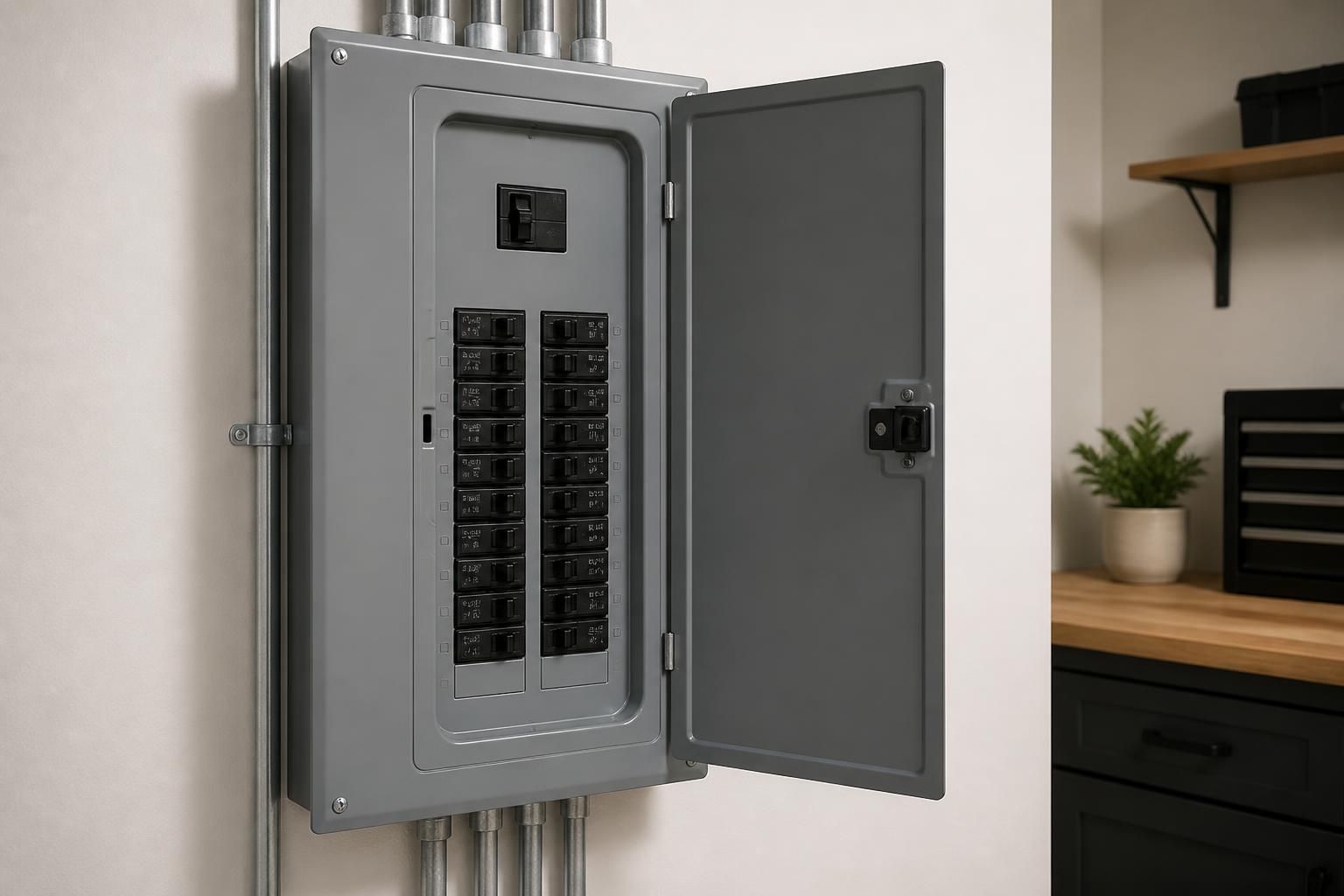 Upgraded electrical panel in a clean utility room.