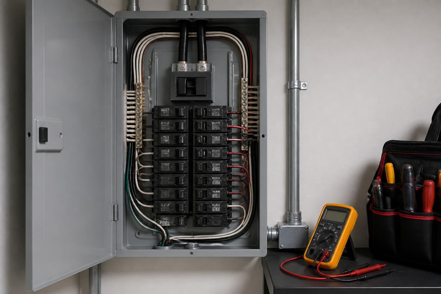 Organized electrical panel in a clean service area.