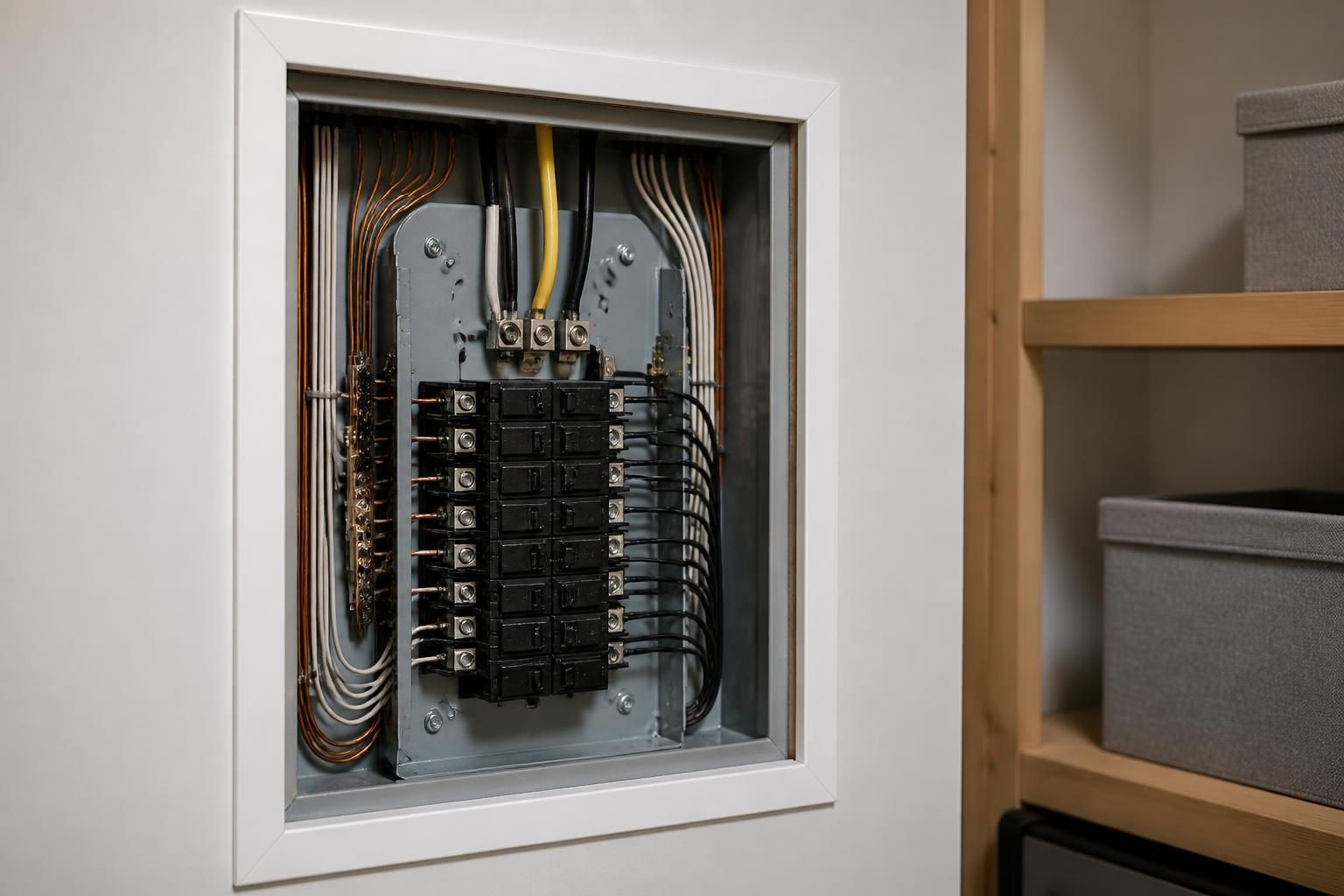 Clean electrical wiring installation in a finished utility space.