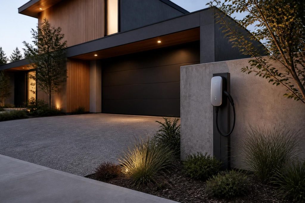 Modern home exterior with an electric vehicle charging station at dusk.