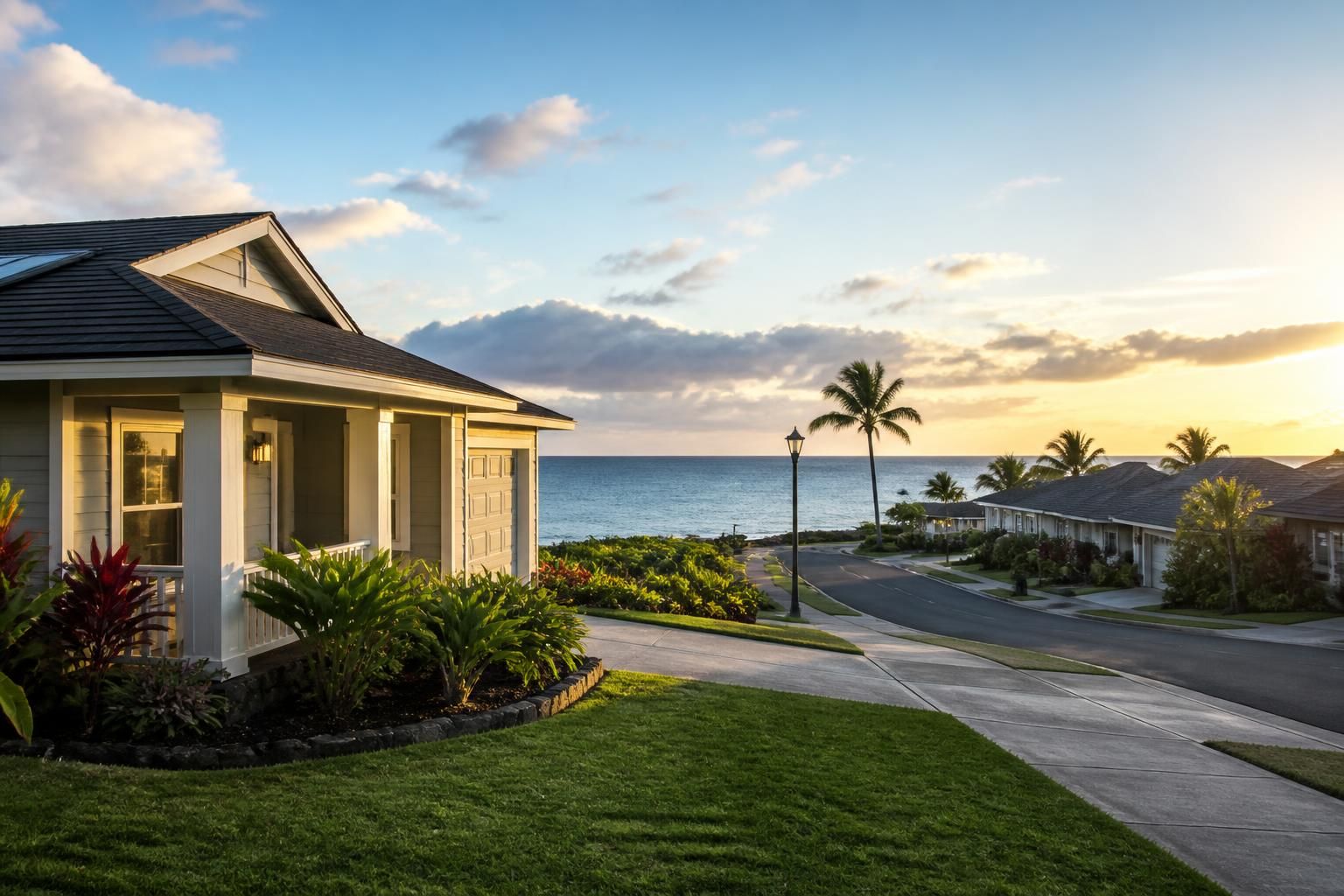 Ewa Beach suburban homes beneath warm open skies.