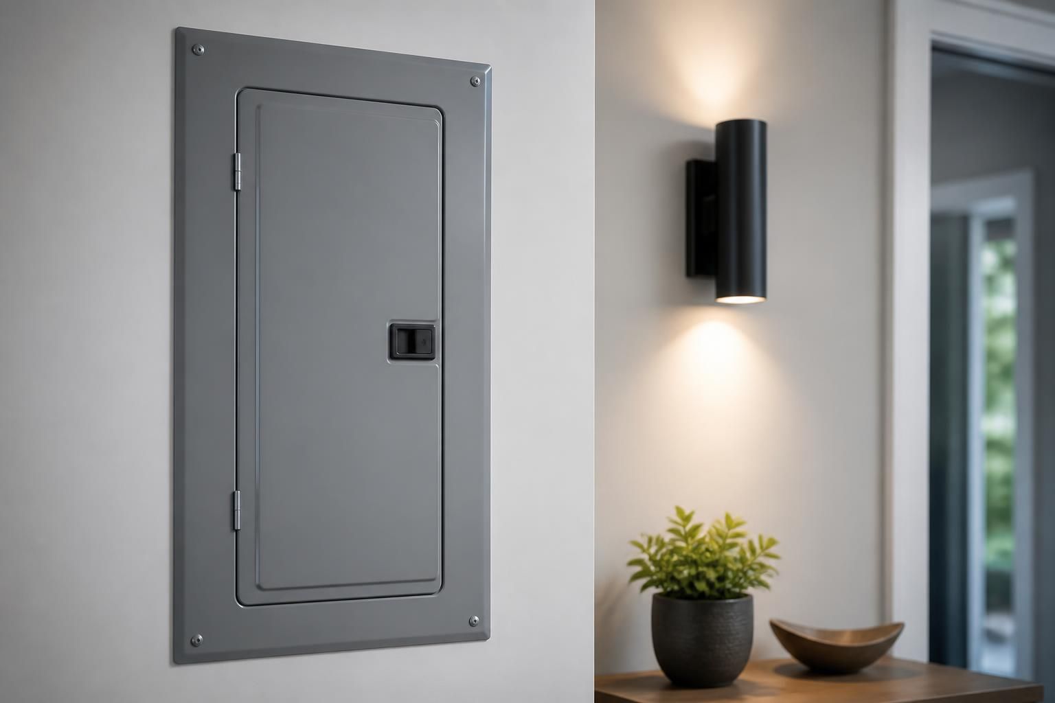 Modern electrical service area with a finished panel and lighting.