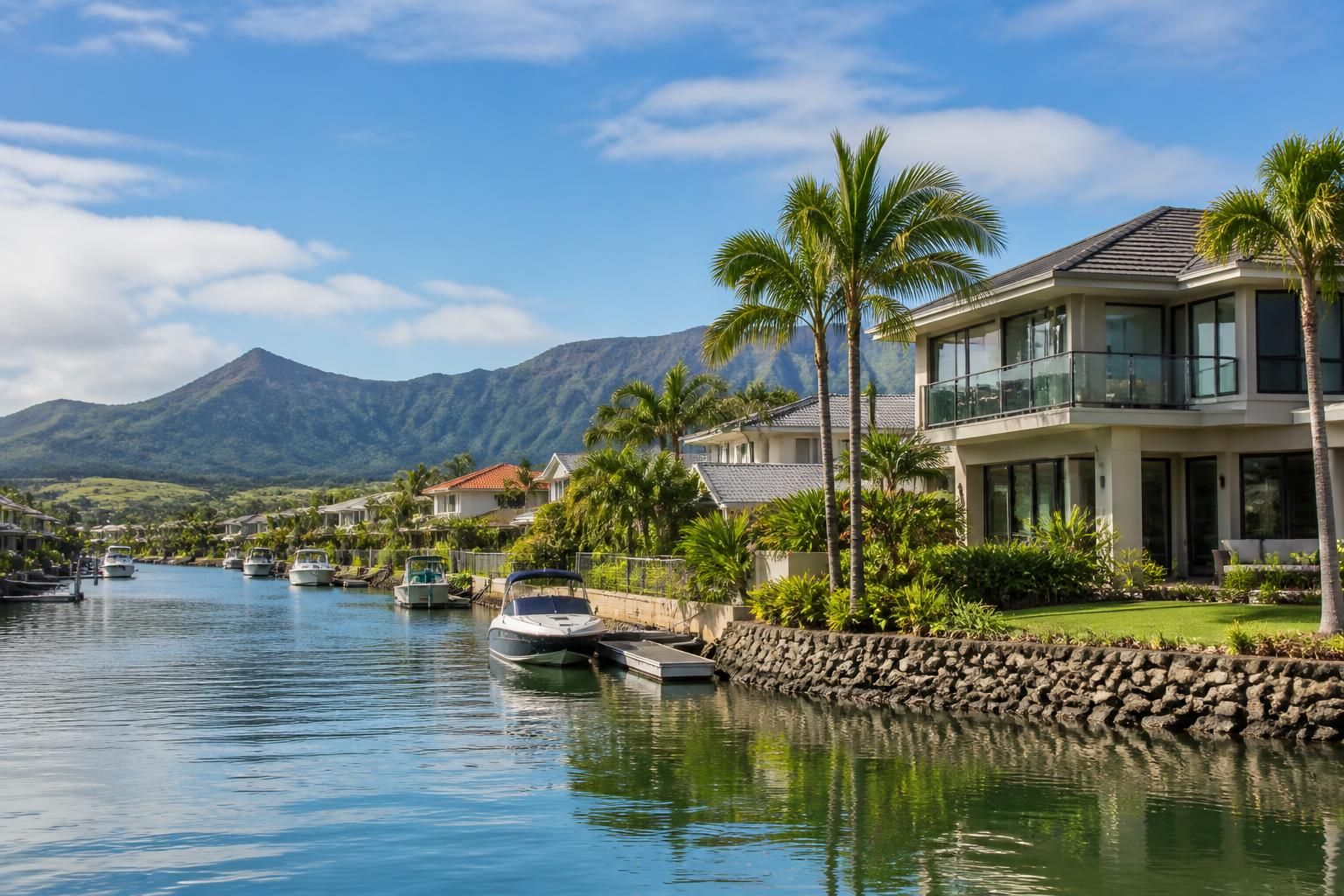 Hawaii Kai harbor-side neighborhood with modern homes and water.