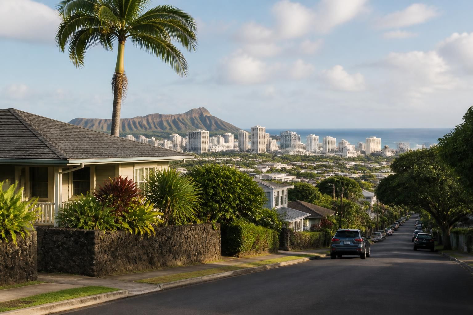 Honolulu neighborhood with homes in warm coastal light.