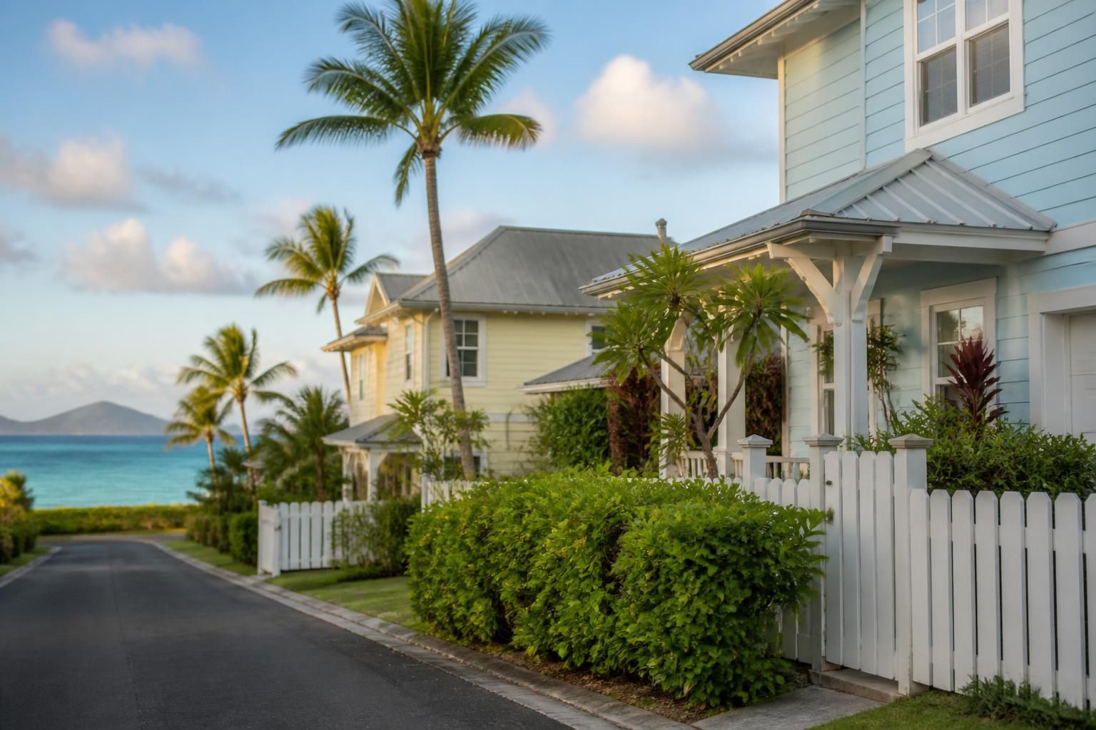 Kailua coastal neighborhood with bright homes and soft light.