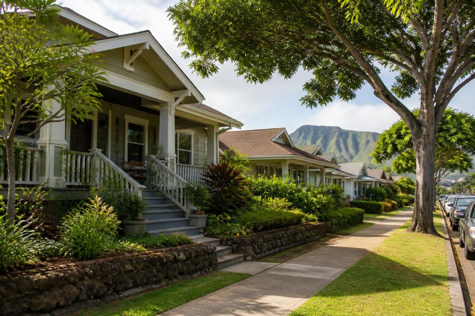 Kaimuki tree-lined neighborhood street with charming homes.