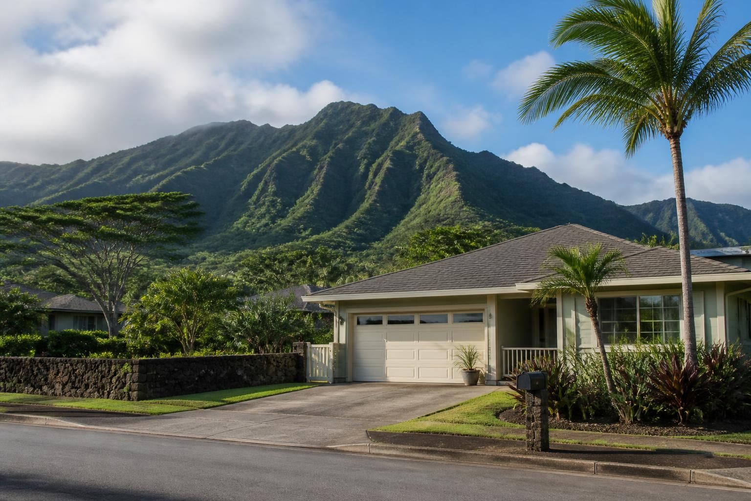 Kaneohe neighborhood with lush greenery and mountain views.