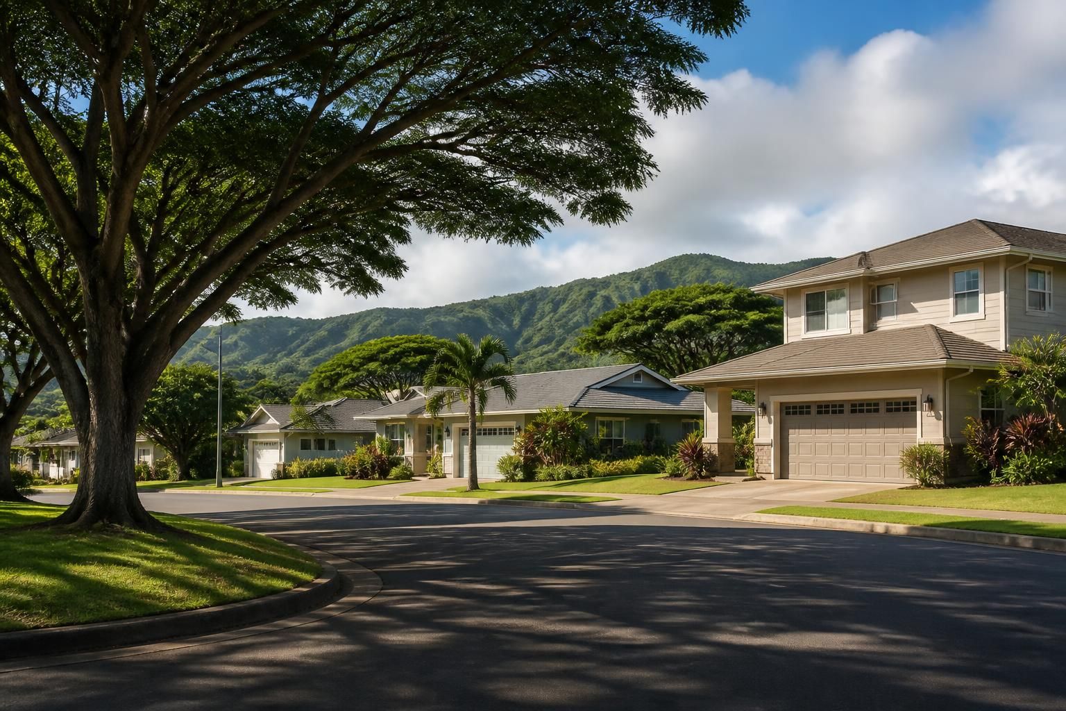 Mililani neighborhood with trees and comfortable family homes.