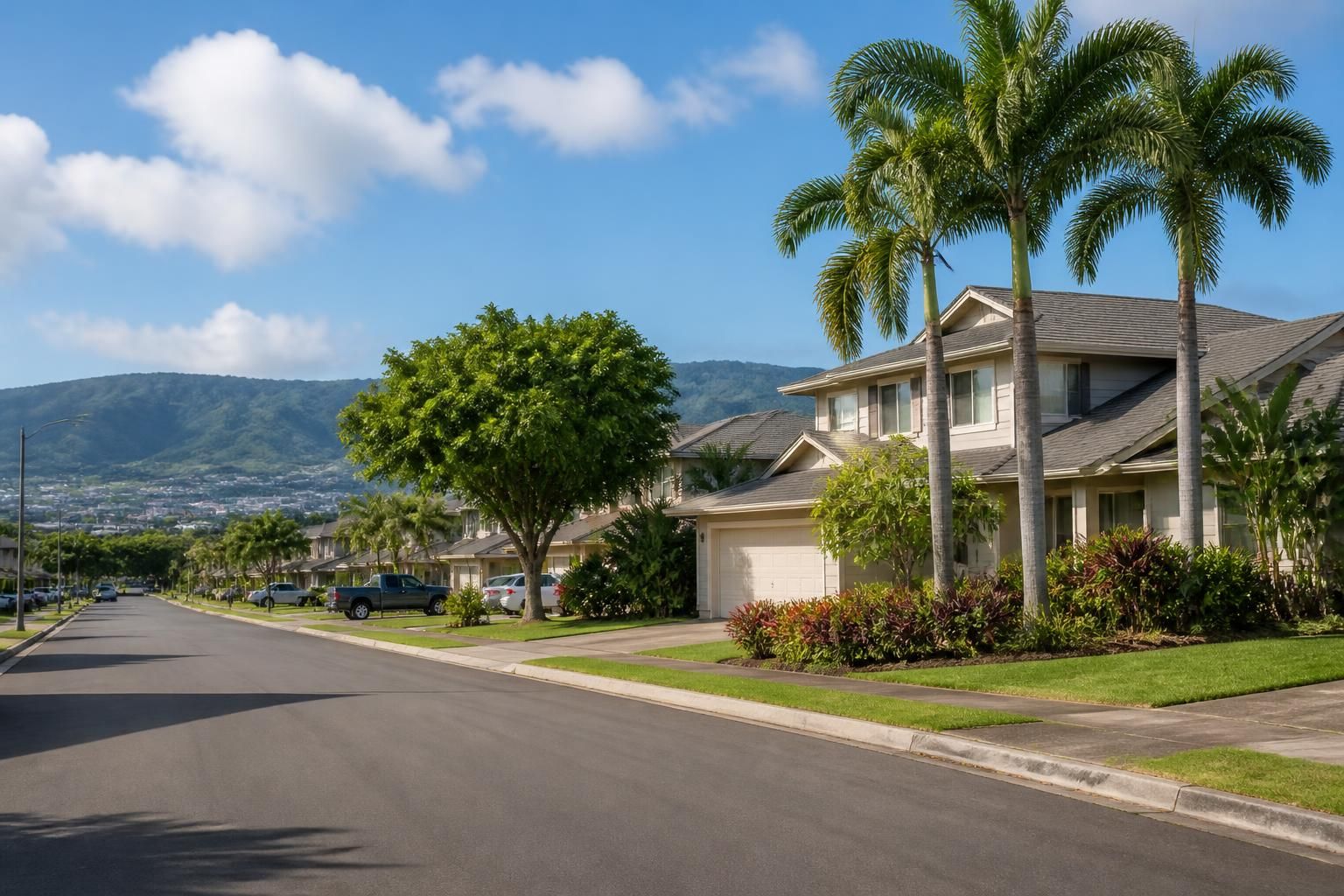 Pearl City neighborhood with tidy homes and tropical greenery.