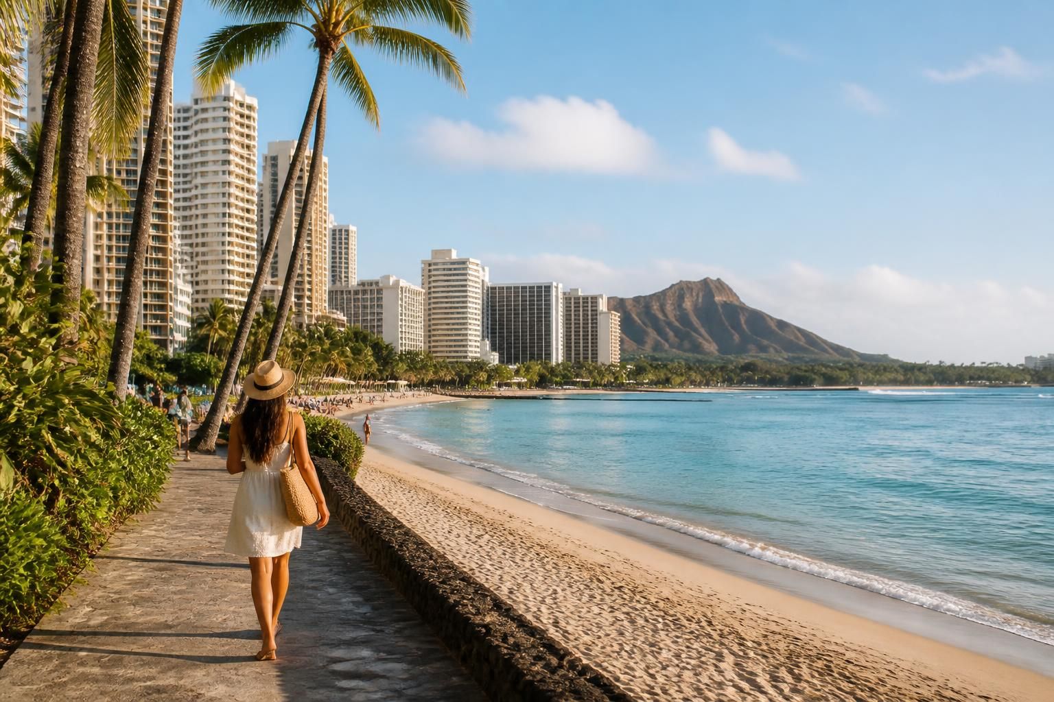 Waikiki coastal city scene with ocean light and high-rises.
